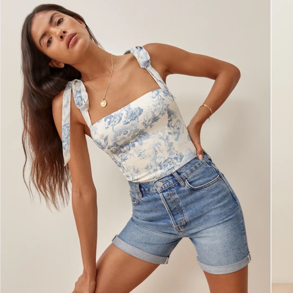 Reformation Ellora Blue and White Floral Tie-Strap Tank